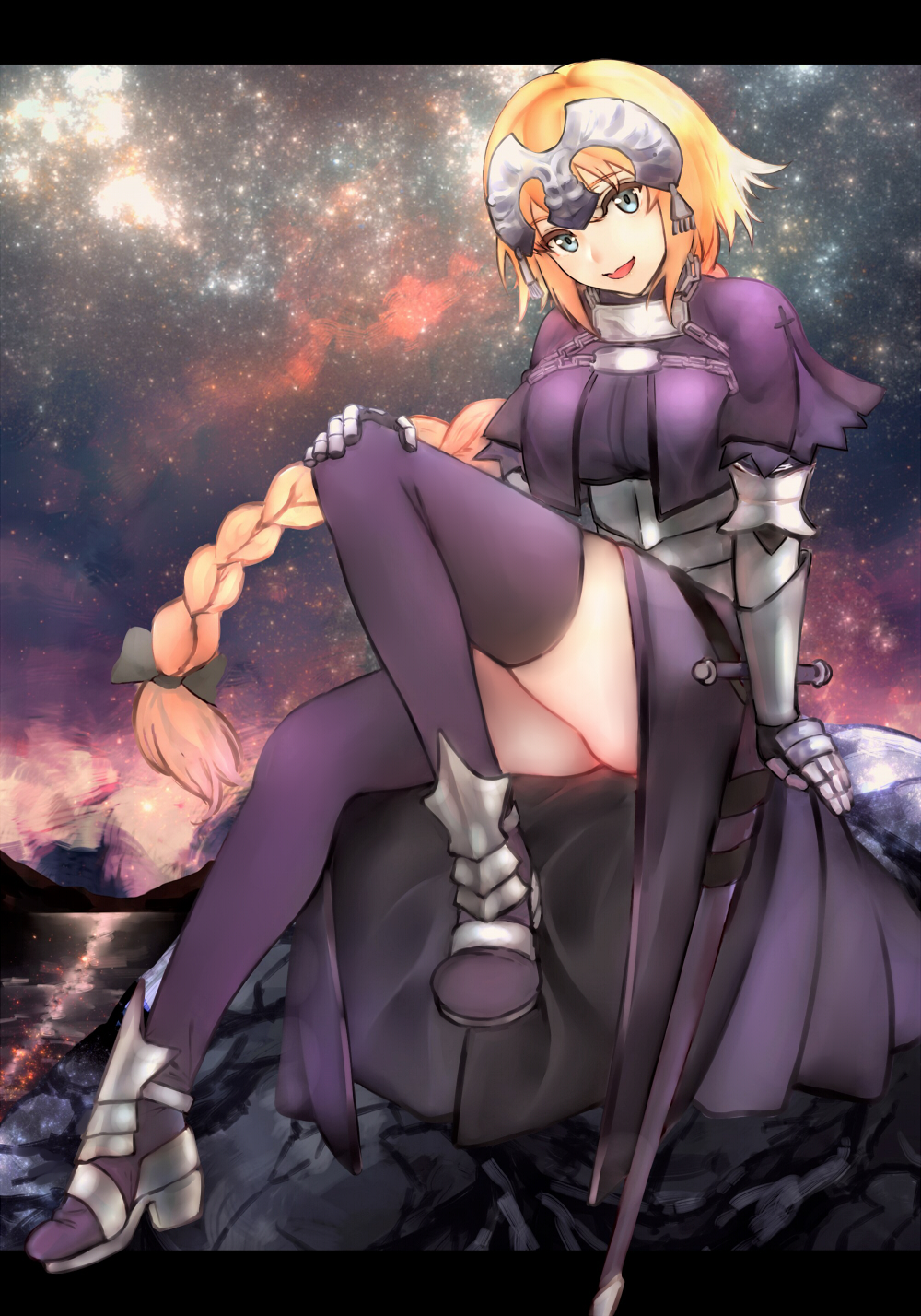 1girl :d aqua_eyes ass blonde_hair braid breasts fate/apocrypha fate_(series) gauntlets helmet high_heels highres kujuu_shikuro long_hair looking_at_viewer open_mouth ruler_(fate/apocrypha) sheath sheathed sitting sky smile solo star_(sky) starry_sky sword thigh-highs very_long_hair weapon