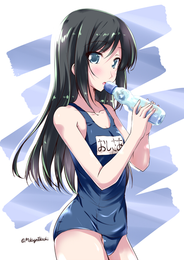 1girl asashio_(kantai_collection) black_hair blue_eyes blush drink kantai_collection long_hair looking_at_viewer mikage_takashi ramune school_swimsuit solo swimsuit twitter_username