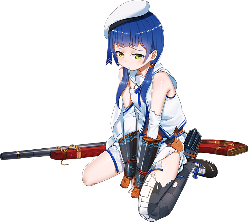 1girl antique_firearm bangs beret black_shoes blue_hair blunt_bangs detached_sleeves firearm firelock flintlock full_body gun hat imai_hiyoko looking_at_viewer mary_janes nakatsu_(oshiro_project) official_art oshiro_project oshiro_project_re shoes sitting solo thigh-highs torn_clothes torn_thighhighs transparent_background twintails weapon yellow_eyes