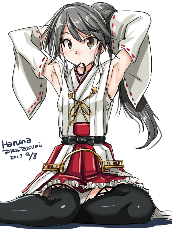 1girl alternate_hairstyle armpits black_hair blush boots brown_eyes character_name dated detached_sleeves eyebrows_visible_through_hair haruna_(kantai_collection) headgear_removed kantai_collection long_hair looking_at_viewer nontraditional_miko panties pantyshot pantyshot_(sitting) ponytail red_skirt remodel_(kantai_collection) sitting skirt solo tatsumi_rei thigh-highs thigh_boots twitter_username tying_hair underwear white_background white_panties