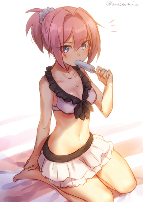 1girl arm_support bikini blue_eyes blush book breasts dripping eating food food_on_body frilled_bikini frills hair_between_eyes holding holding_book kantai_collection kneeling looking_at_viewer mk navel pink_hair ponytail popsicle scrunchie shiranui_(kantai_collection) short_hair sidelocks small_breasts solo swimsuit towel twitter_username white_bikini