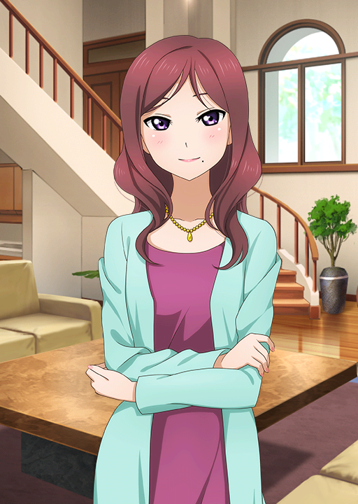 1girl artist_request bangs blush cardigan collarbone couch crossed_arms dress holding_elbow jewelry long_hair long_sleeves looking_at_viewer love_live! love_live!_school_idol_festival love_live!_school_idol_project mole mole_under_mouth necklace nishikino_maki's_mother official_art parted_bangs pink_dress plant potted_plant redhead smile solo stairs standing star table violet_eyes wavy_hair window wooden_floor