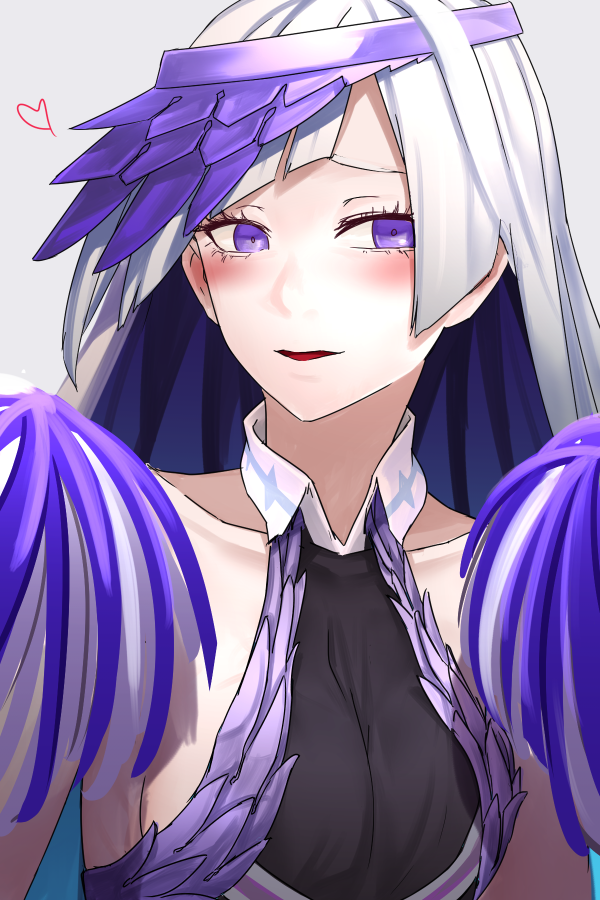 1girl blush breasts cleavage fate/grand_order fate/prototype fate/prototype:_fragments_of_blue_and_silver fate_(series) heart i-pan lancer_(fate/prototype_fragments) long_hair looking_at_viewer parted_lips pom_poms purple_hair smile solo violet_eyes visor_cap