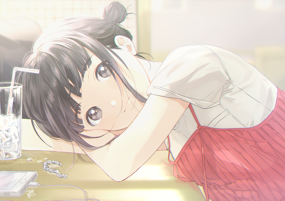 1girl bangs blush camisole camisole_over_clothes closed_mouth cup digital_media_player double_bun drinking_straw earphones eyebrows_visible_through_hair hair_bun ice indoors light_smile listening_to_music looking_at_viewer mosuko original shirt short_sleeves smile solo white_shirt window_shade