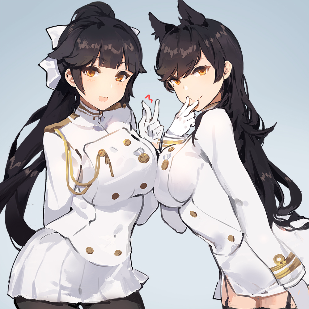 2girls animal_ears atago_(bilan_hangxian) bilan_hangxian black_hair black_legwear blush bow breasts closed_mouth double-breasted garter_straps hair_bow kishiyo large_breasts long_hair medium_breasts military military_uniform multiple_girls open_mouth pantyhose ponytail skirt smile takao_(bilan_hangxian) thigh-highs uniform white_bow white_skirt