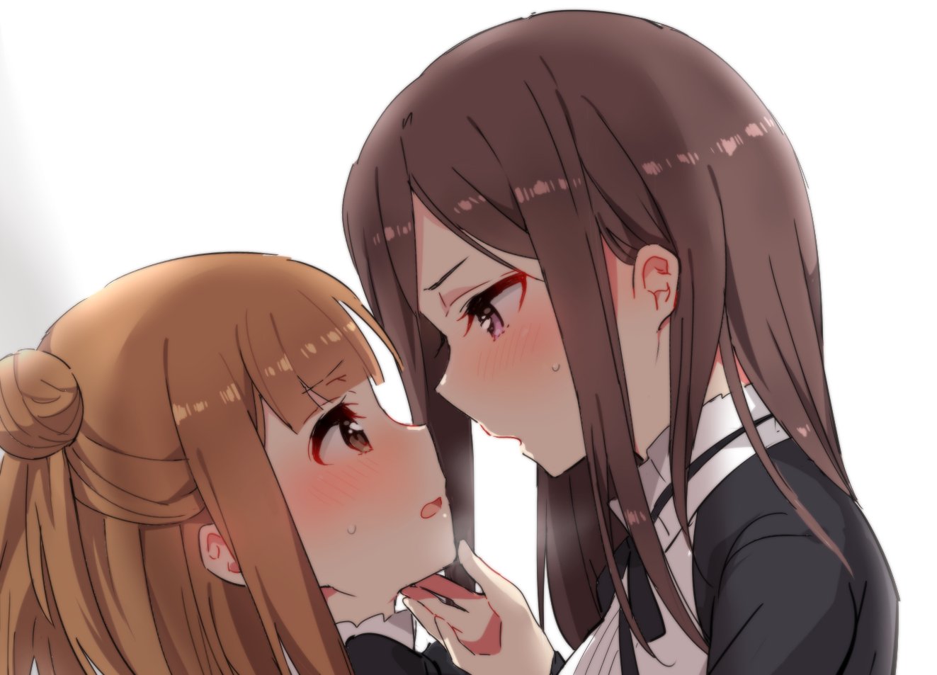 2girls bangs beatrice_(princess_principal) blush brown_eyes brown_hair chin_grab dorothy_(princess_principal) eyebrows_visible_through_hair imminent_kiss long_hair looking_at_another merry_(168cm) multiple_girls open_mouth princess_principal simple_background sweatdrop violet_eyes white_background yuri