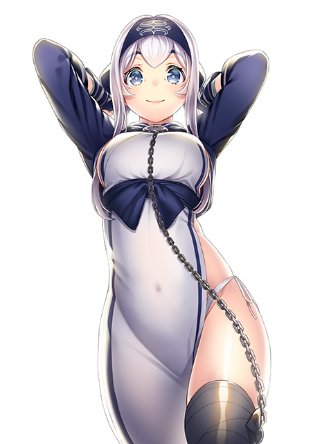 1girl ainu_clothes arms_up bangs black_gloves black_legwear blue_eyes blush breasts chains closed_mouth cowboy_shot fingerless_gloves gloves hips kamoi_(kantai_collection) kantai_collection kyon_(fuuran) large_breasts long_hair looking_at_viewer panties pelvic_curtain side-tie_panties sidelocks simple_background smile solo tabard tareme thick_eyebrows thigh-highs underwear white_background white_hair