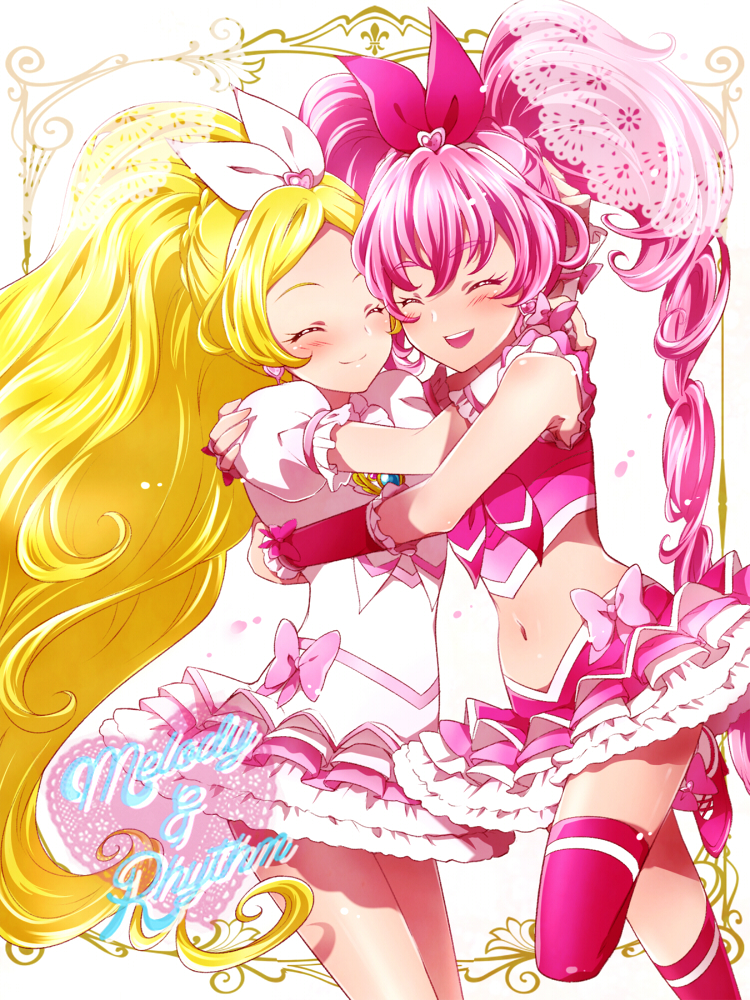 2girls blonde_hair closed_eyes crop_top cure_melody cure_rhythm earrings eyebrows_visible_through_hair hair_between_eyes hair_ribbon hairband high_ponytail houjou_hibiki hug jewelry kagami_chihiro layered_skirt long_hair magical_girl midriff minamino_kanade miniskirt multiple_girls navel one_eye_closed open_mouth pink_hair precure red_ribbon ribbon shiny shiny_skin shirt skirt sleeveless smile stomach suite_precure thigh-highs twintails very_long_hair white_hairband white_ribbon white_shirt zettai_ryouiki