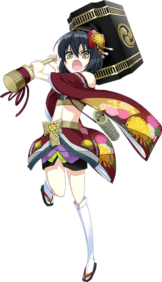 &gt;:d 1girl :d black_hair full_body hair_ornament hammer hat holding holding_weapon kanzaki_karuna midriff miki_(oshiro_project) navel official_art open_mouth oshiro_project oshiro_project_re short_hair smile solo thigh-highs transparent_background weapon yellow_eyes