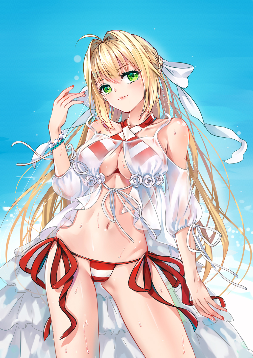 1girl ahoge bikini blonde_hair bow bracelet breasts cleavage criss-cross_halter day fate/grand_order fate_(series) green_eyes hair_bow halterneck highres jewelry large_breasts light_blush light_smile long_hair looking_at_viewer nero_claudius_(swimsuit_caster)_(fate) saber_extra side-tie_bikini solo striped striped_bikini swimsuit twintails xixi