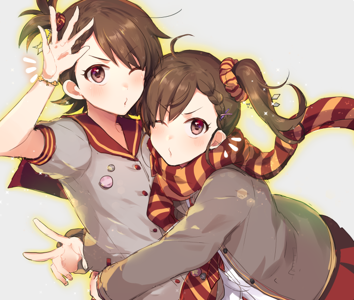 2girls ;p ascot bracelet braid buttons futami_ami futami_mami grey_background idolmaster jewelry looking_at_viewer multiple_girls one_eye_closed scarf school_uniform siblings side_ponytail simple_background sisters striped striped_scarf tongue tongue_out twins v