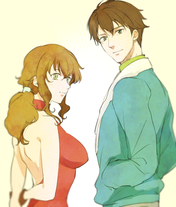 1boy 1girl 67k back_cutout backless_outfit bangs bare_arms bare_shoulders breasts brown_hair christina_sierra curly_hair from_behind green_eyes gundam gundam_00 halter_top halterneck hands_in_pockets jacket large_breasts lichtendahl_tsery long_hair looking_back ponytail short_hair sideboob sleeveless smile turtleneck