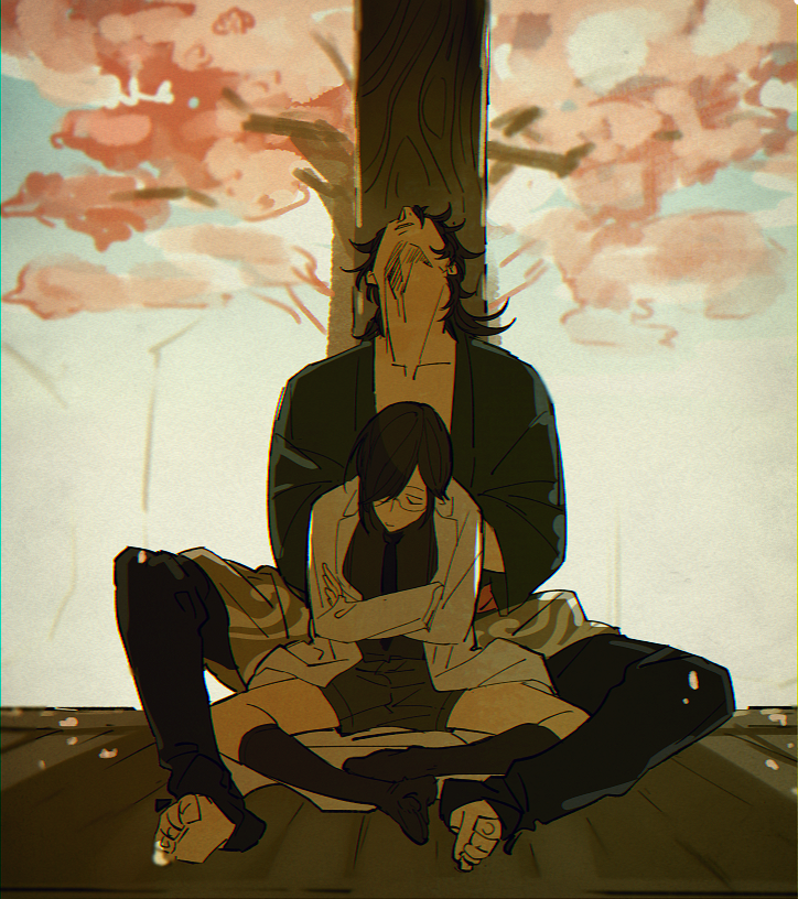 1boy black_hair brown_hair cherry_blossoms closed_eyes crossed_arms glasses head_tilt japanese_clothes labcoat mad369 male_focus mutsu-no-kami_yoshiyuki short_hair shorts sitting sitting_on_lap sitting_on_person sleeping touken_ranbu violet_eyes yagen_toushirou