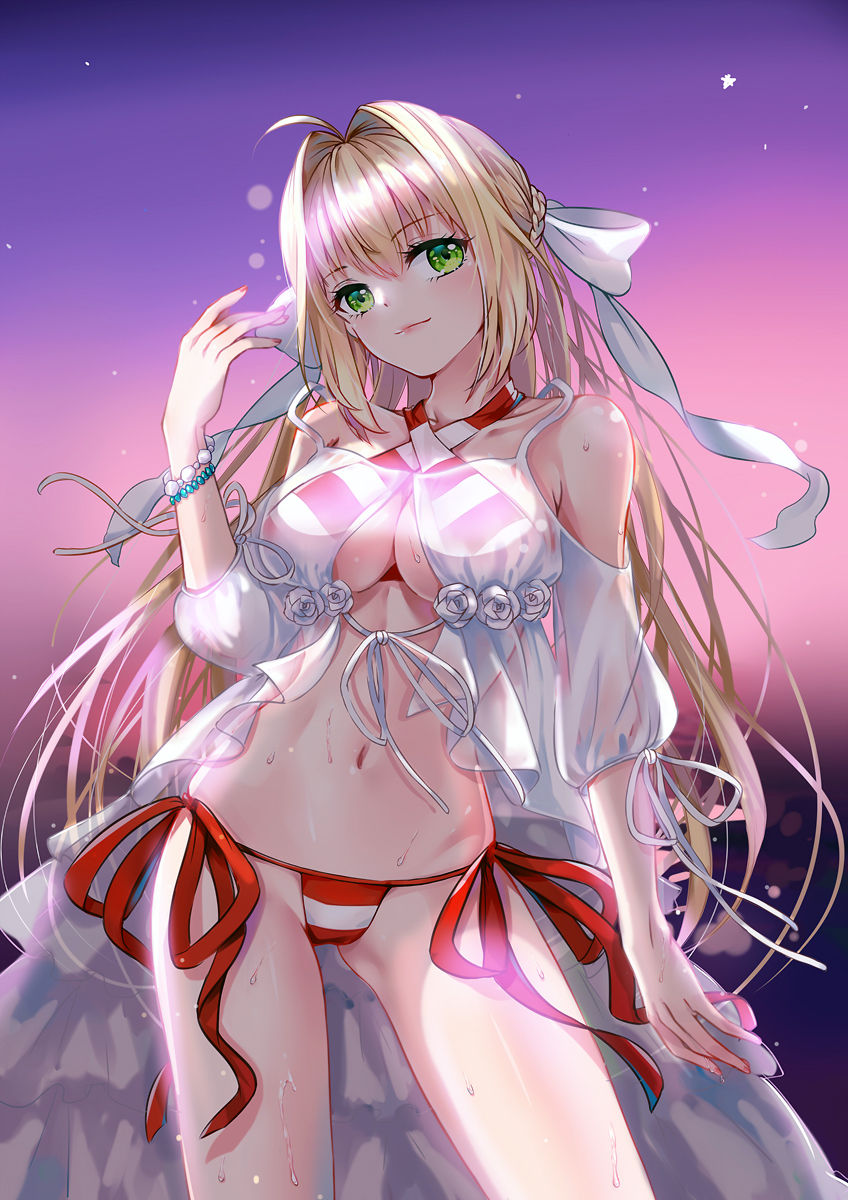 1girl ahoge bikini blonde_hair bow bracelet breasts cleavage criss-cross_halter fate/grand_order fate_(series) green_eyes hair_bow halterneck highres jewelry large_breasts light_blush light_smile long_hair looking_at_viewer nero_claudius_(swimsuit_caster)_(fate) night saber_extra side-tie_bikini solo striped striped_bikini swimsuit twintails xixi