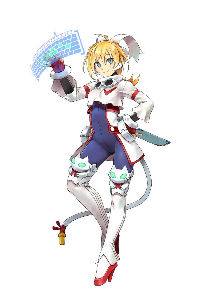 1girl blaster_master_zero blonde_hair blue_eyes bodysuit clipboard eve_(blaster_master_zero) full_body gloves goggles goggles_around_neck hand_on_hip headset high_heels holographic_keyboard long_hair looking_at_viewer natsume_yuji official_art red_gloves simple_background smile solo standing standing_on_one_leg white_background