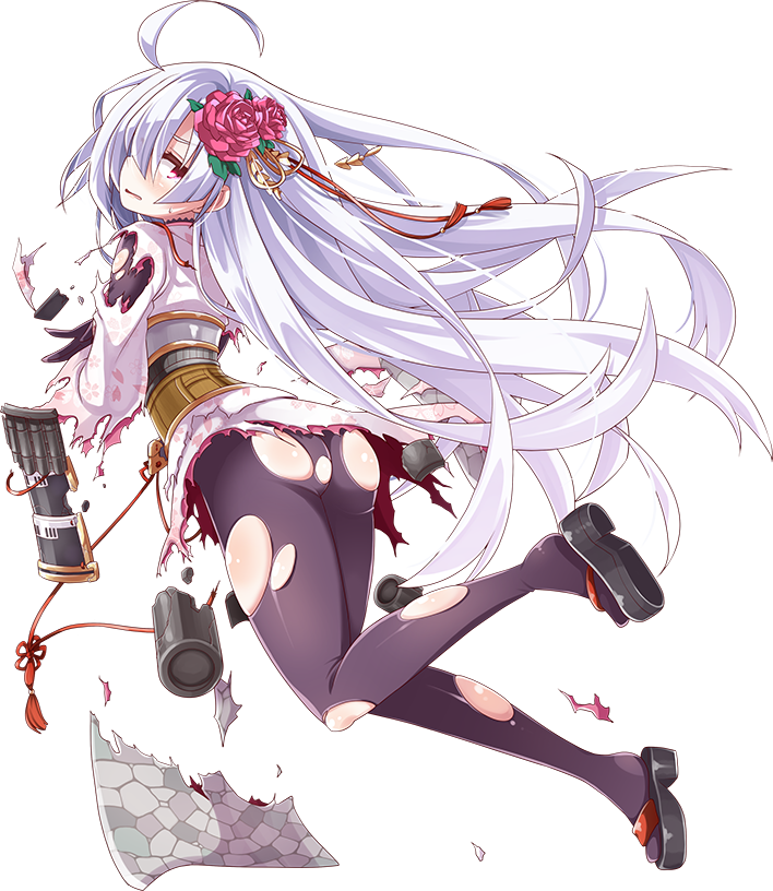 1girl ahoge akaneya ass bangs black_legwear blush eyes_visible_through_hair flower from_behind full_body hair_flower hair_ornament hair_over_one_eye long_hair official_art oshiro_project oshiro_project_re pantyhose ponytail red_eyes shirakawa_komine_(oshiro_project) torn_clothes torn_pantyhose transparent_background very_long_hair white_hair