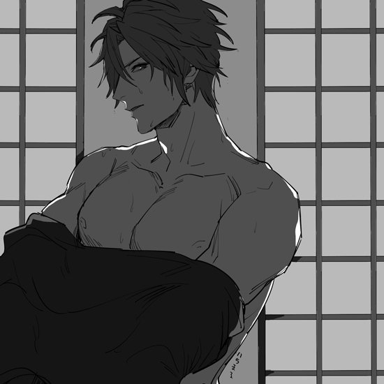 1boy areolae collarbone greyscale looking_at_viewer male_focus monochrome otegine parted_lips pectorals shaded_face sliding_doors sweat touken_ranbu undressing upper_body