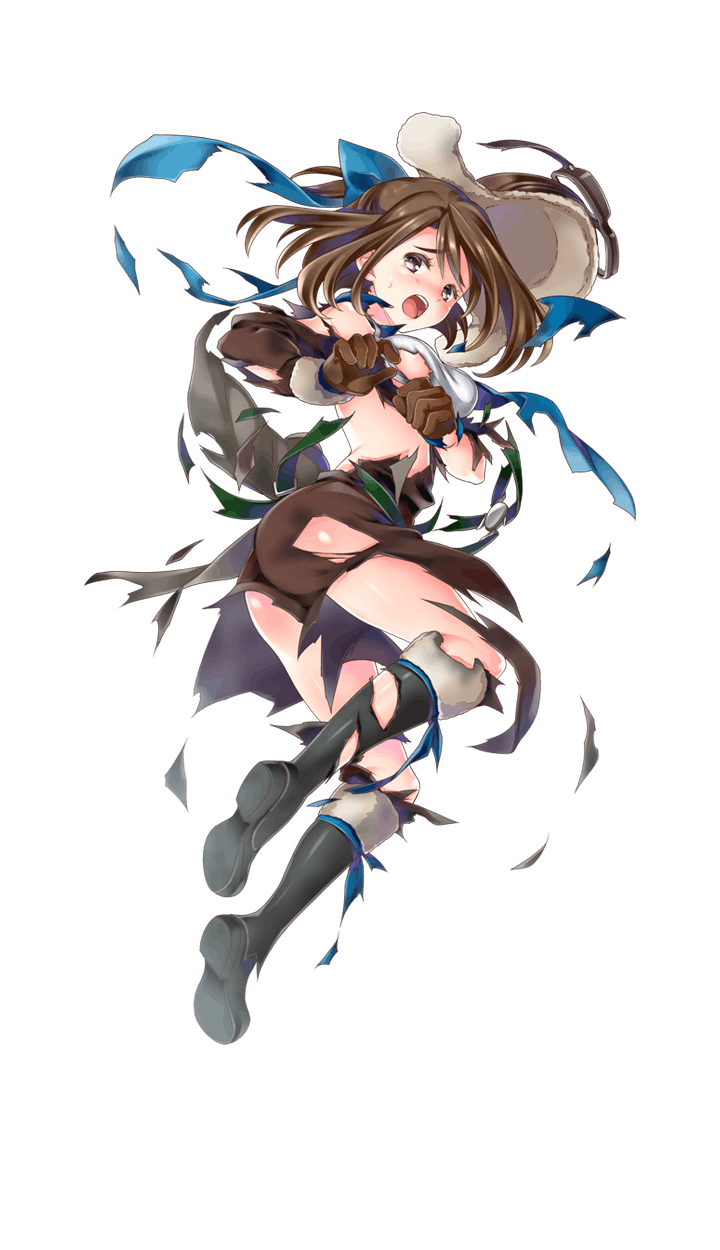 1girl aviator_cap black_boots blue_ribbon blush boots brown_gloves brown_hair formation_girls full_body gloves goggles goggles_on_headwear gou_kagura highres official_art open_mouth ribbon shuri_yasuyuki smile solo torn_clothes transparent_background