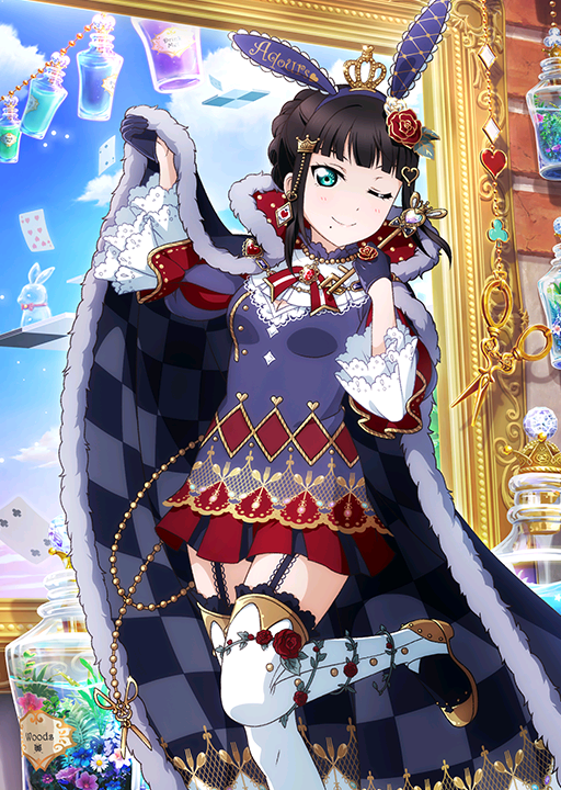 1girl animal_ears bangs black_hair blue_sky blunt_bangs blush boots breasts cape card checkered cleavage crown flower frills fur_trim garter_straps green_eyes hair_ornament hairclip holding key kurosawa_dia long_hair looking_at_viewer love_live! love_live!_school_idol_festival love_live!_sunshine!! medium_breasts mole mole_under_mouth one_eye_closed playing_card pleated_skirt puffy_sleeves queen rabbit_ears rose skirt sky smile thigh-highs thigh_boots