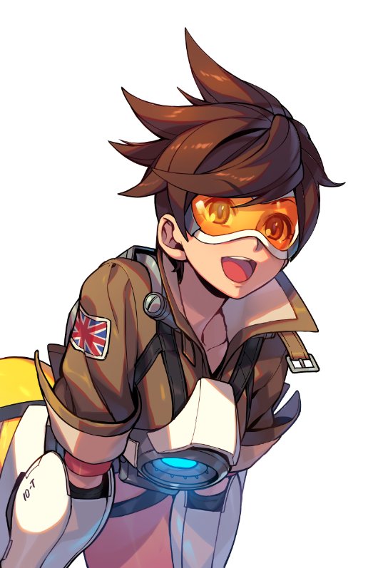 1girl :d blizzard_(company) bomber_jacket brown_hair english_flag jacket kotatsu_(g-rough) leaning_forward open_mouth overwatch short_hair smile tracer_(overwatch) visor