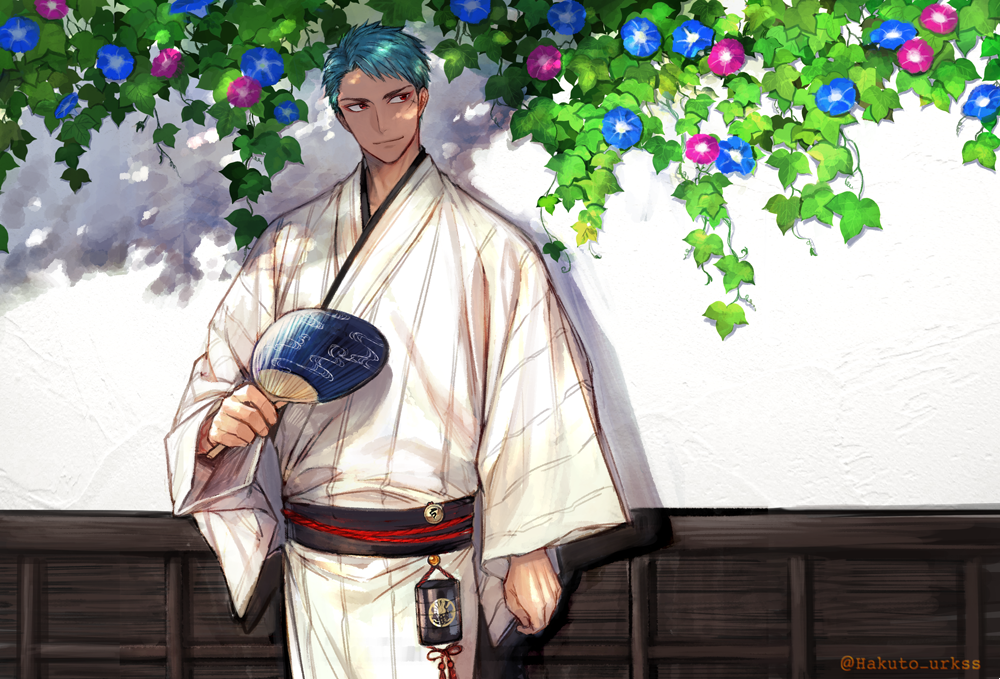 1boy blue_hair clenched_hand fan flower holding holding_fan japanese_clothes looking_to_the_side male_focus morning_glory scar shade solo touken_ranbu twitter_username yamabushi_kunihiro