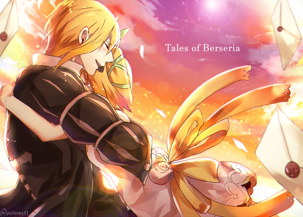 1boy 1girl :d a55114231 blonde_hair blush brother_and_sister closed_eyes copyright_name dress edna_(tales) eizen_(tales) green_ribbon hair_ribbon letter open_mouth ribbon siblings side_ponytail signature sleeveless sleeveless_dress smile tales_of_(series) tales_of_berseria tears white_dress yellow_ribbon