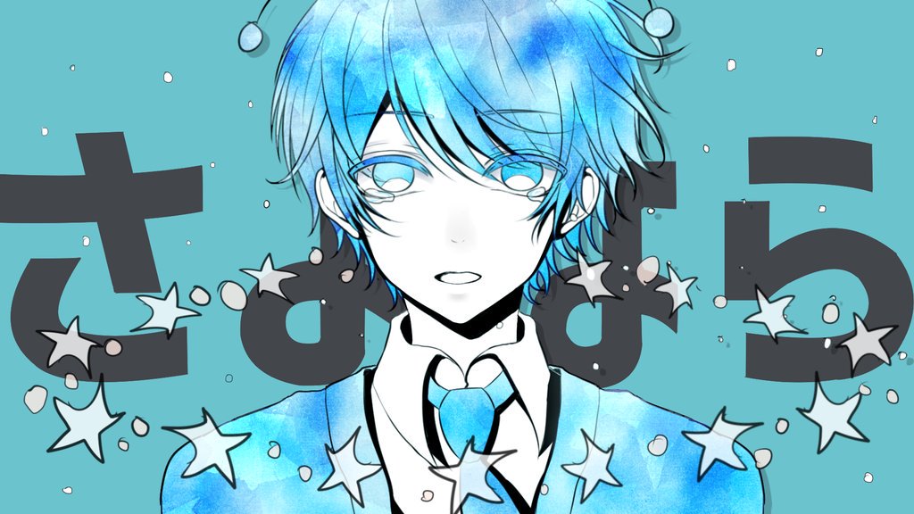 1boy andromedao antennae blue_background close-up looking_at_viewer male_focus monochrome nayutan_sei_kara_no_buttai necktie nyamu_(nyamu0004) regulus_(vocaloid) simple_background solo tears