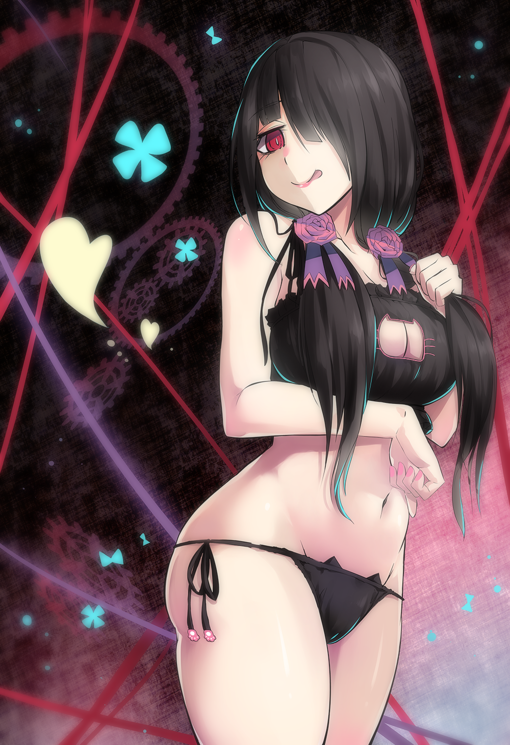 1girl :p black_bra black_hair black_panties bra cat_lingerie date_a_live hair_over_one_eye highres long_hair looking_at_viewer meme_attire mixed_bathing navel panties red_eyes smile solo tokisaki_kurumi tongue tongue_out torieto twintails underwear