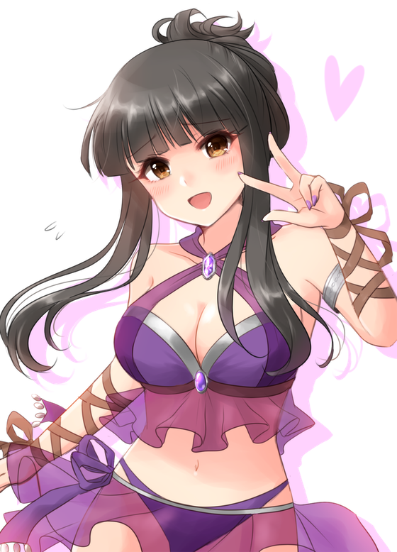 1girl :d armlet bare_shoulders black_hair blush breasts brown_eyes cleavage cowboy_shot idolmaster idolmaster_cinderella_girls kurokawa_chiaki long_hair looking_at_viewer medium_breasts midriff nail_polish open_mouth panties purple_nails purple_panties see-through smile solo tabana underwear v