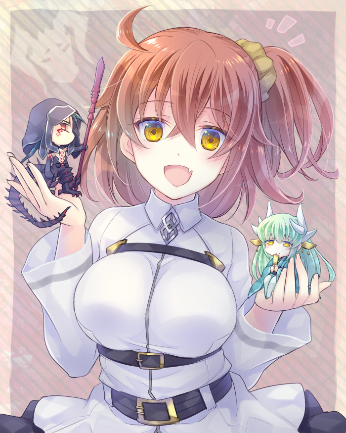 1boy 2girls ahoge blush breasts chibi cu_chulainn_alter_(fate/grand_order) eyebrows_visible_through_hair fate_(series) fujimaru_ritsuka_(female) green_hair horns kiyohime_(fate/grand_order) large_breasts long_hair looking_at_viewer multiple_girls open_mouth orange_hair short_hair short_ponytail side_ponytail smile soukuu_kizuna yellow_eyes