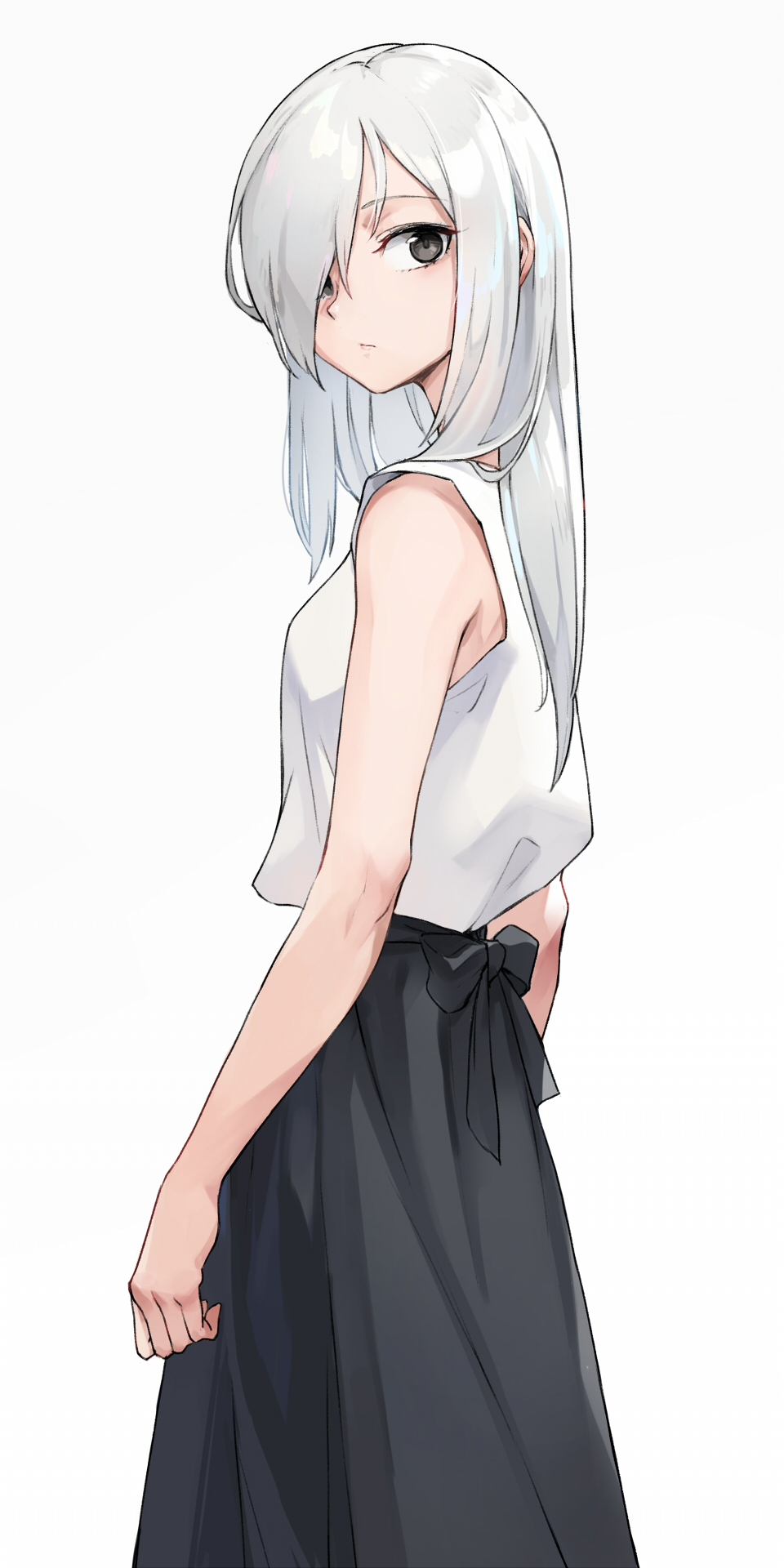 1girl bangs black_skirt blouse closed_mouth cowboy_shot from_side grey_eyes grey_hair hair_over_one_eye highres long_hair looking_at_viewer oopartz_yang original sidelocks silver_hair simple_background skirt sleeveless sleeveless_blouse solo tsurime white_background white_blouse