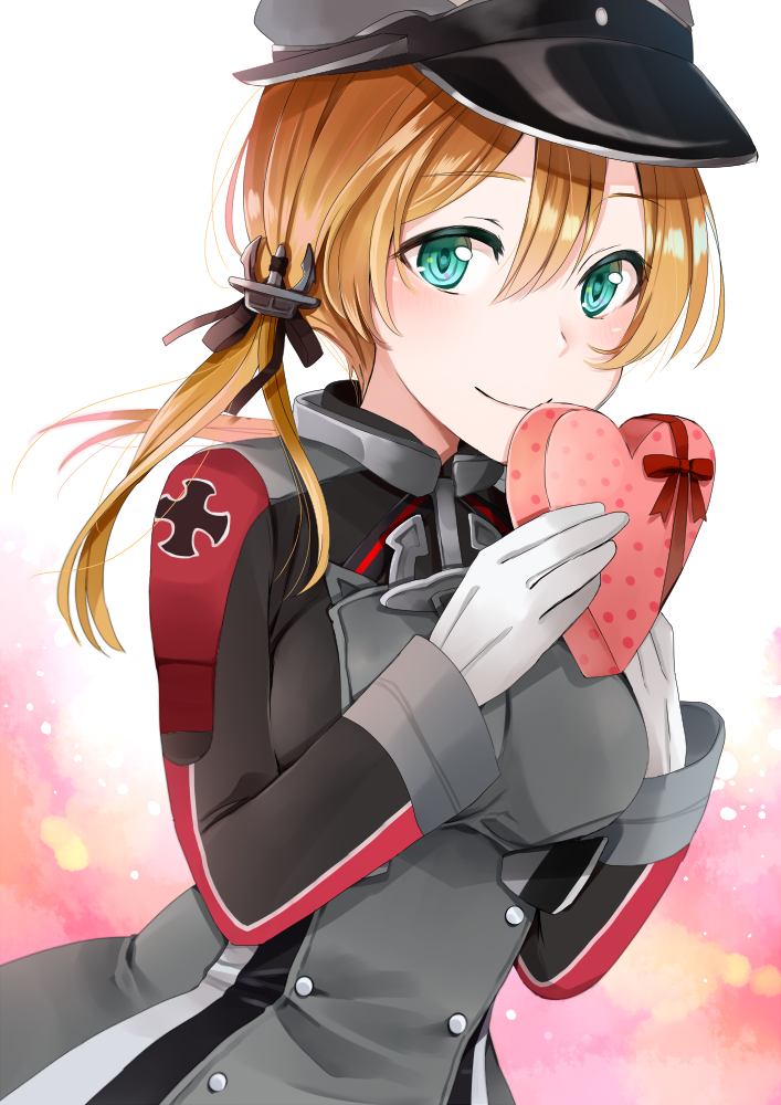 1girl anchor_hair_ornament aqua_eyes blonde_hair blush breasts buttons chocolate chocolate_heart eyebrows_visible_through_hair gloves grey_jacket hair_ornament hat heart iron_cross kantai_collection long_sleeves looking_at_viewer medium_breasts peaked_cap pink_background prinz_eugen_(kantai_collection) smile solo twintails valentine white_gloves yuna_(yukiyuna)