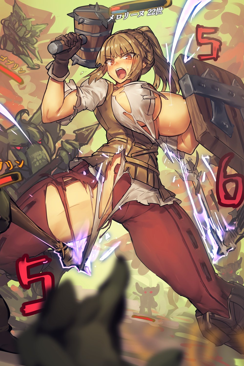 1girl blonde_hair blush gloves goblin hammer highres long_hair melon22 open_mouth polearm ponytail red_eyes shield short_sleeves spear tree_of_savior weapon