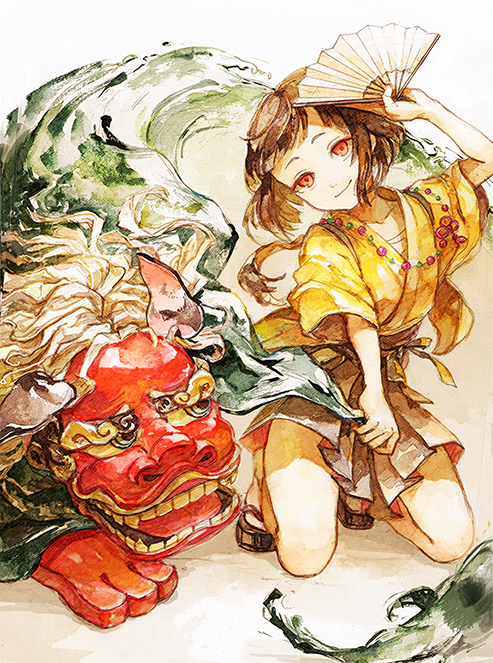 1girl akagi_shun bangs closed_mouth fan folding_fan head_tilt holding holding_fan jacket japanese_clothes kneeling long_hair looking_at_viewer original pleated_skirt ponytail red_eyes sandals shishimai short_sleeves skirt smile traditional_media watercolor_(medium) yellow_jacket