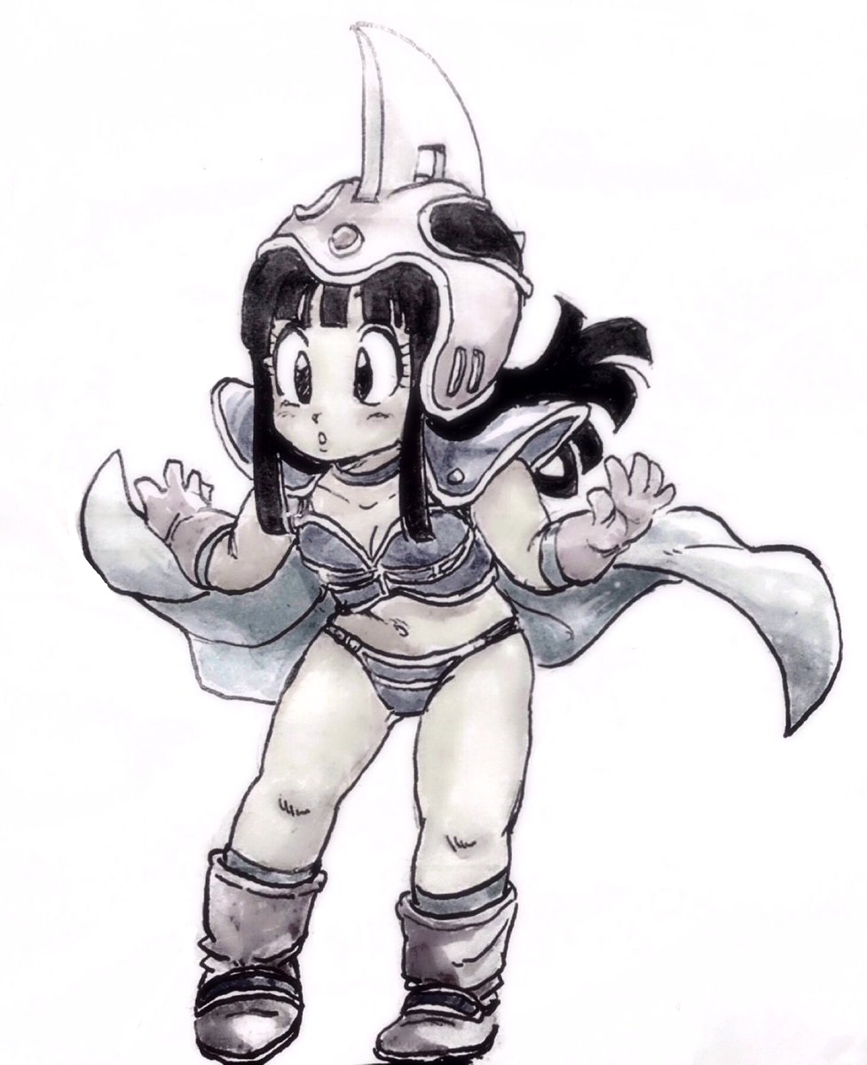 1girl :o armor bikini_armor black_eyes black_hair boots cape chi-chi_(dragon_ball) dragon_ball gloves greyscale helmet highres long_hair looking_away monochrome open_mouth outstretched_arms simple_background socks solo_focus tkgsize white_background