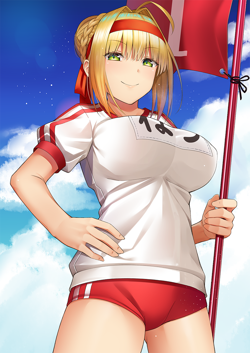 1girl ahoge bangs blonde_hair bloomers blue_sky blush braid breasts buruma closed_mouth clouds commentary_request cowboy_shot day eyebrows_visible_through_hair fate/extra fate/grand_order fate_(series) flag french_braid green_eyes gym_shirt gym_uniform hair_bun hair_intakes half-closed_eyes hand_on_hip headband holding_flag large_breasts looking_at_viewer name_tag outdoors red_headband saber_extra shirt sidelocks sky smile solo thighs umihotaru_harumare underwear white_shirt