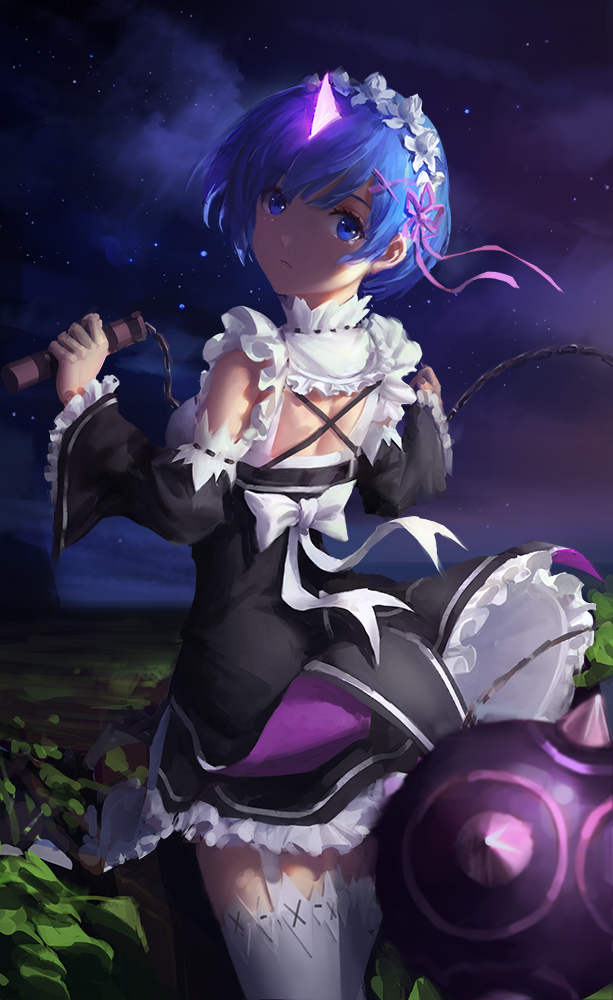 1girl black_skirt blue_eyes blue_hair chains clouds detached_sleeves flower frilled_skirt frills garter_straps hair_flower hair_ornament head_wreath holding holding_weapon light- miniskirt night outdoors re:zero_kara_hajimeru_isekai_seikatsu rem_(re:zero) ribbon-trimmed_sleeves ribbon_trim short_hair skirt sky solo standing star_(sky) starry_sky thigh-highs weapon white_flower white_legwear zettai_ryouiki