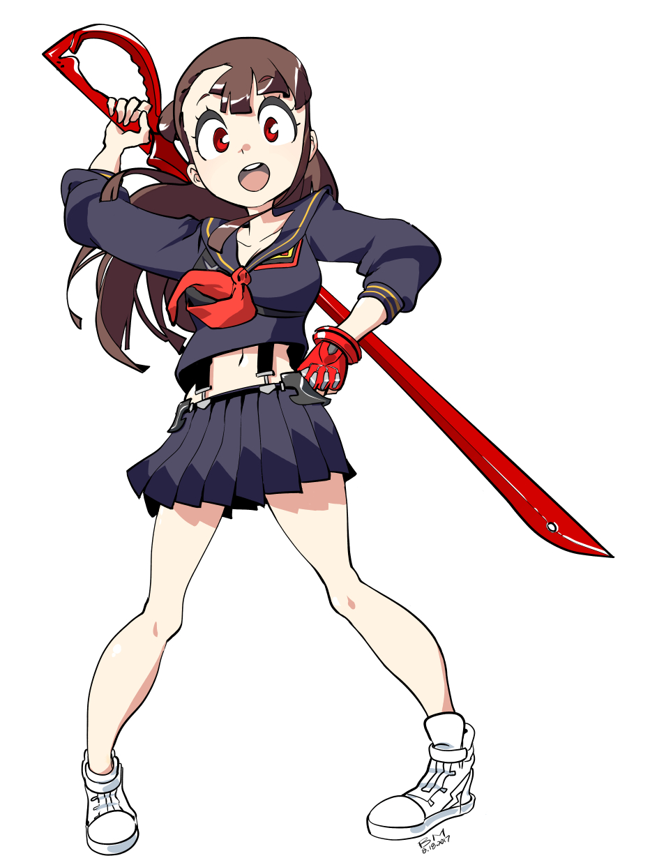 1girl alternate_costume bearthemighty breasts brown_hair cosplay fingerless_gloves full_body gloves highres kagari_atsuko kill_la_kill little_witch_academia matoi_ryuuko matoi_ryuuko_(cosplay) midriff navel neckerchief pleated_skirt red_eyes red_gloves school_uniform scissor_blade senketsu serafuku simple_background single_glove skirt solo suspenders white_background