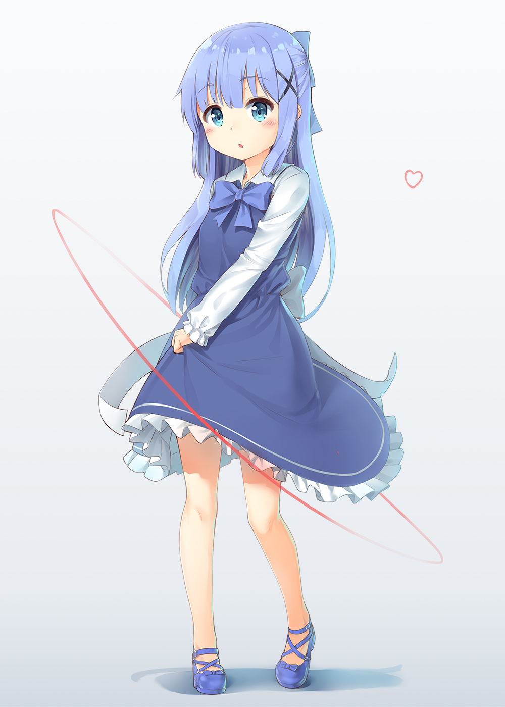 1girl :o bangs blue_bow blue_bowtie blue_dress blue_eyes blue_shoes blush bow bowtie breasts coffeiz_p collared_dress cross-laced_footwear dress eyebrows_visible_through_hair frilled_dress frills full_body gochuumon_wa_usagi_desu_ka? gradient gradient_background hair_bow hair_ornament hairclip half_updo heart highres kafuu_chino light_blue_hair loafers long_hair long_sleeves looking_at_viewer no_legwear open_mouth shadow shirt shoes sidelocks skirt_hold small_breasts solo standing two-tone_background undershirt white_shirt wing_collar x_hair_ornament