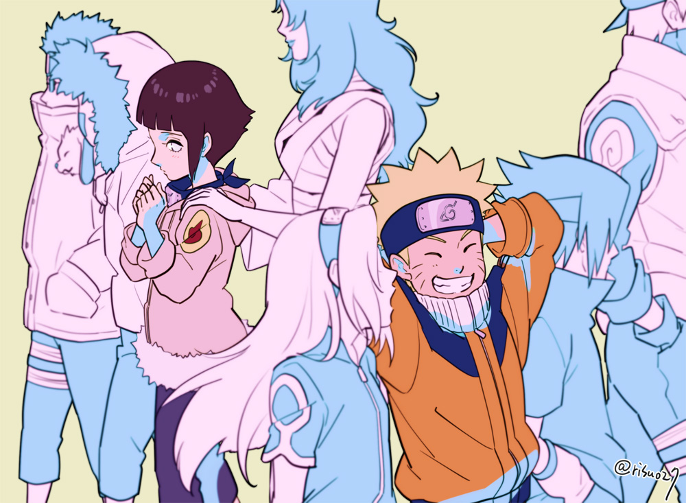 3girls 5boys aburame_shino akamaru_(naruto) black_hair blonde_hair closed_eyes dog forehead_protector grin haruno_sakura hatake_kakashi hood hoodie hyuuga_hinata inuzuka_kiba lavender_eyes long_hair multiple_boys multiple_girls naruto risuo short_hair smile spot_color sunglasses uchiha_sasuke uzumaki_naruto yuuhi_kurenai