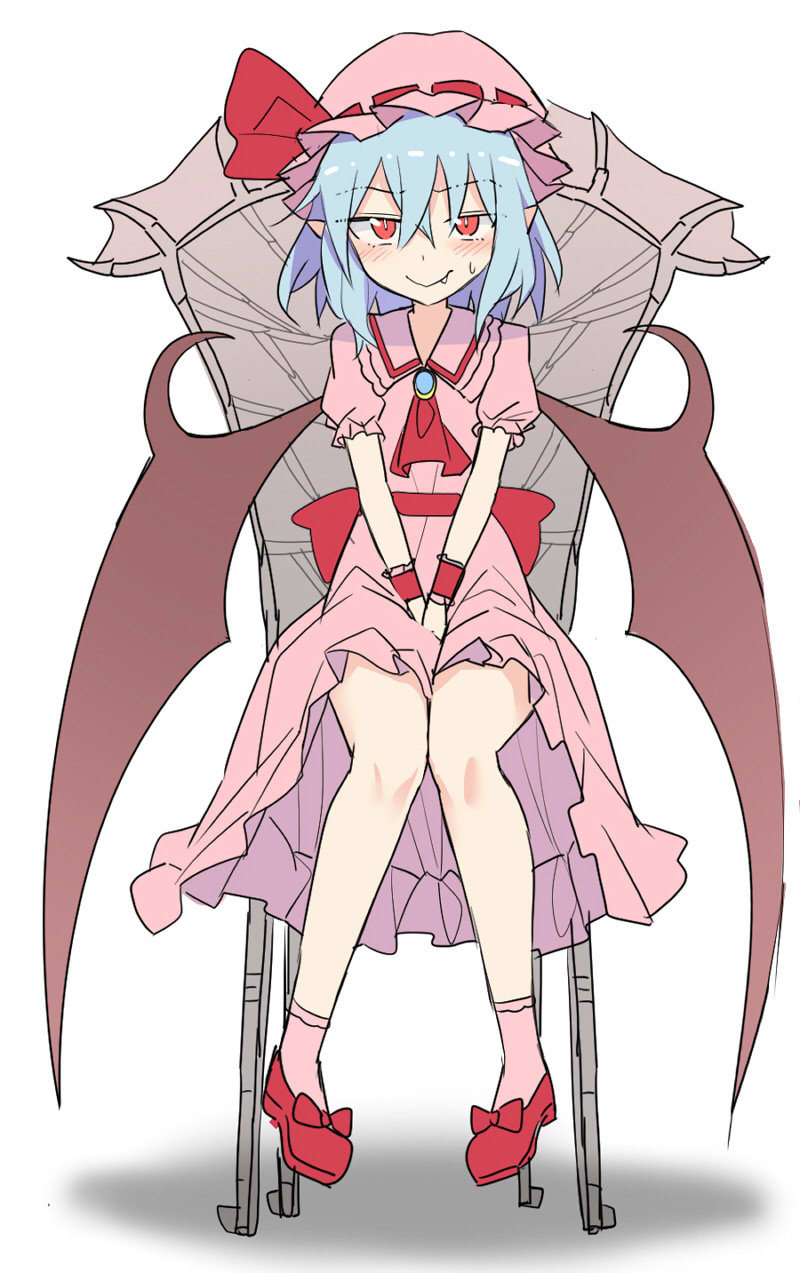 1girl ascot back_bow bangs between_legs blue_gemstone blue_hair blush bow bright_pupils brooch brown_wings collared_dress commentary_request crossed_bangs demon_girl demon_wings dress e.o. fang fang_out female_child flat_chest flat_color frilled_dress frilled_sleeves frills gem hair_between_eyes half-closed_eyes hand_between_legs hat have_to_pee highres jewelry legs looking_at_viewer mob_cap nervous_smile on_chair own_hands_together pigeon-toed pink_dress pink_headwear pink_socks pointy_ears puffy_short_sleeves puffy_sleeves red_ascot red_bow red_eyes red_footwear remilia_scarlet ribbon-trimmed_headwear ribbon_trim sash shiny shiny_hair shoes short_hair short_sleeves sidelocks simple_background sitting sketch smile socks solo straight-on sweat throne touhou v_arms white_background white_pupils wings wrist_cuffs