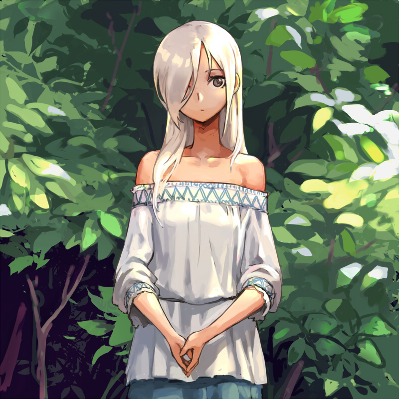 1girl bangs bare_shoulders blouse brown_eyes closed_mouth cowboy_shot hair_over_one_eye long_hair looking_at_viewer off_shoulder oopartz_yang original outdoors own_hands_together silver_hair solo tree white_blouse white_hair