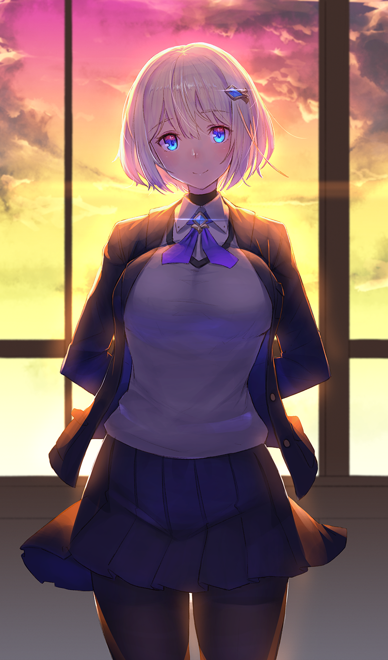 1girl bangs black_legwear blazer blonde_hair blue_eyes blue_skirt bob_cut breasts classroom closed_mouth cowboy_shot evening eyebrows_visible_through_hair glint hair_between_eyes hair_ornament highres indoors jacket large_breasts lens_flare light_smile looking_at_viewer nadare-san_(nadare3nwm) open_blazer open_clothes open_jacket original pantyhose pleated_skirt school_uniform short_hair skirt smile solo sweater tareme thighs