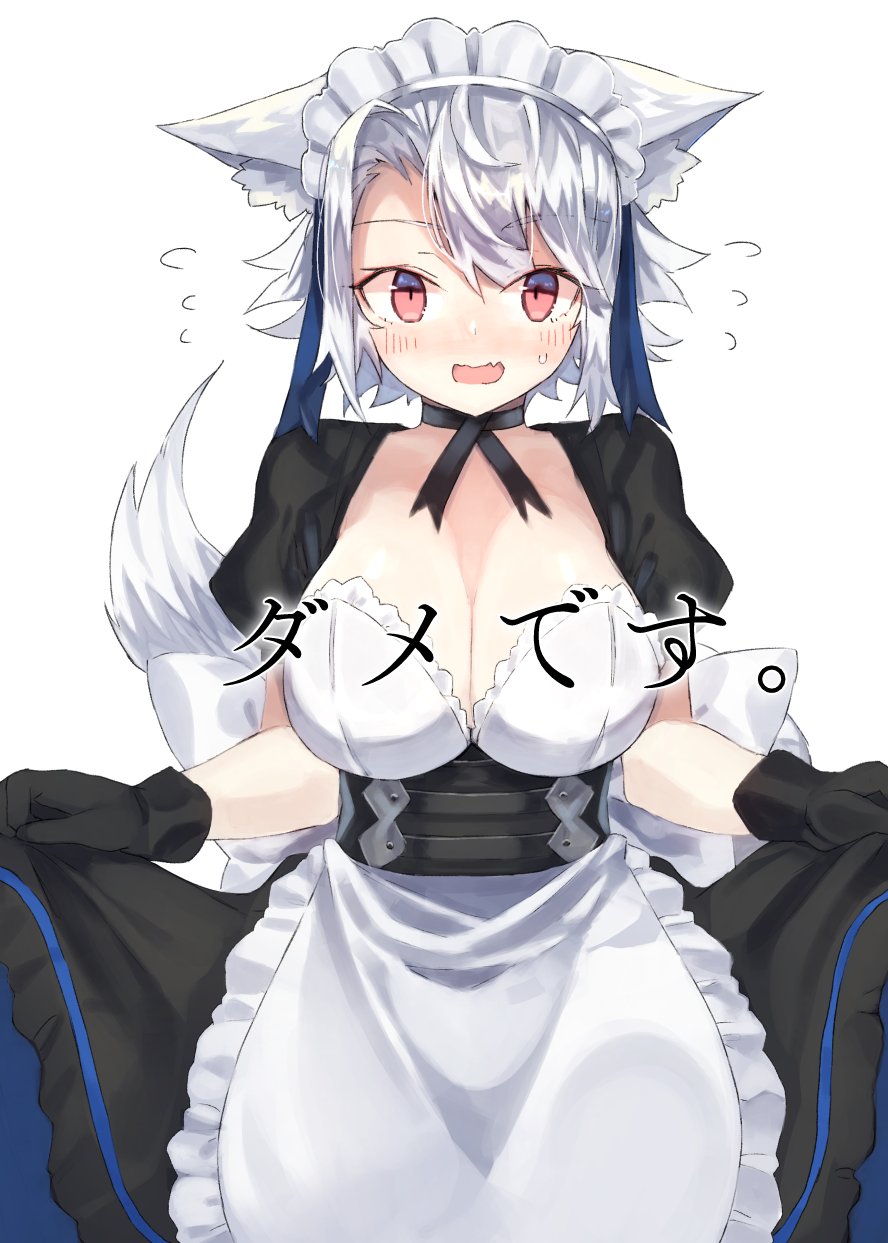 1girl alternate_costume animal_ears apron bangs bei_mochi black_gloves blush breasts choker cleavage cowboy_shot enmaided eyebrows_visible_through_hair flying_sweatdrops gloves highres inubashiri_momiji large_breasts looking_at_viewer maid maid_headdress open_mouth red_eyes short_hair simple_background solo sweat tail touhou translation_request waist_apron white_apron white_background white_hair wolf_ears wolf_tail