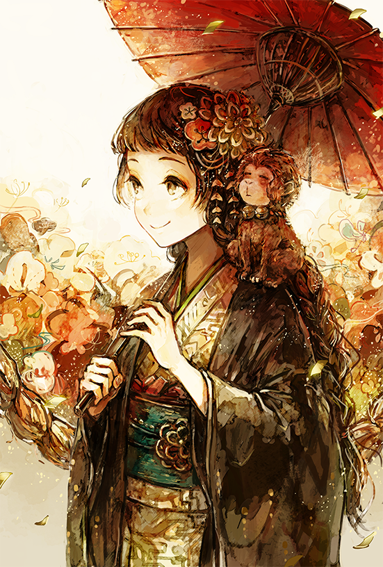 1girl akagi_shun animal animal_on_shoulder bangs bell bell_collar braid brown_eyes brown_hair closed_mouth collar graphite_(medium) hair_ornament holding holding_umbrella japanese_clothes kimono long_hair long_sleeves monkey obi oriental_umbrella original sash smile solo standing traditional_media umbrella wide_sleeves yellow_kimono