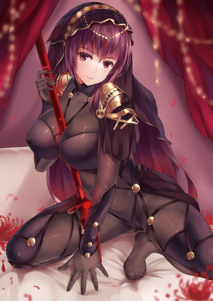 1girl bodysuit breasts erect_nipples fate/grand_order fate_(series) flower gae_bolg highres holding holding_weapon large_breasts long_hair looking_at_viewer pauldrons polearm purple_hair scathach_(fate/grand_order) solo spear spider_lily veil violet_eyes weapon zombie-andy