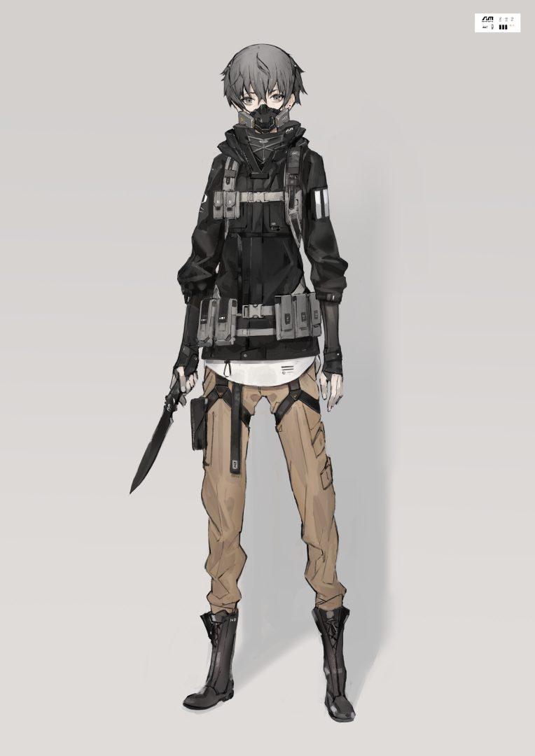 ambiguous_gender androgynous bangs black_boots boots dagger full_body grey_background grey_eyes grey_hair hair_between_eyes holding holding_weapon jacket load_bearing_equipment looking_at_viewer mask neco original pants short_hair simple_background solo standing weapon