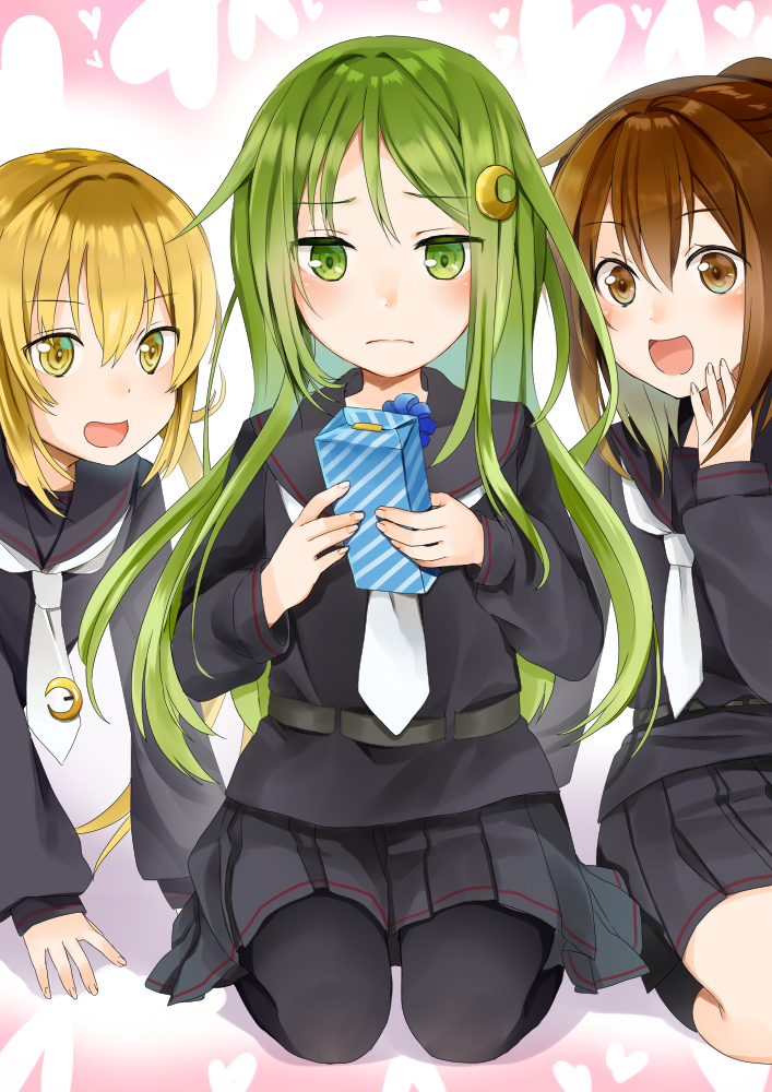 3girls :d bangs black_legwear black_serafuku black_skirt blonde_hair blush box brown_eyes brown_hair commentary_request crescent crescent_hair_ornament crescent_moon_pin eyebrows_visible_through_hair fumizuki_(kantai_collection) gift gift_box green_eyes green_hair hair_ornament hand_up kantai_collection kneeling long_hair long_sleeves multiple_girls nagatsuki_(kantai_collection) necktie open_mouth pantyhose ponytail satsuki_(kantai_collection) school_uniform serafuku skirt smile valentine white_necktie yellow_eyes yuna_(yukiyuna)