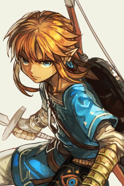 1boy bangs blonde_hair blue_eyes bow_(weapon) closed_mouth earrings grey_background hankuri holding holding_sword holding_weapon jewelry link looking_at_viewer male_focus pointy_ears serious sidelocks simple_background solo strap sword the_legend_of_zelda the_legend_of_zelda:_breath_of_the_wild weapon