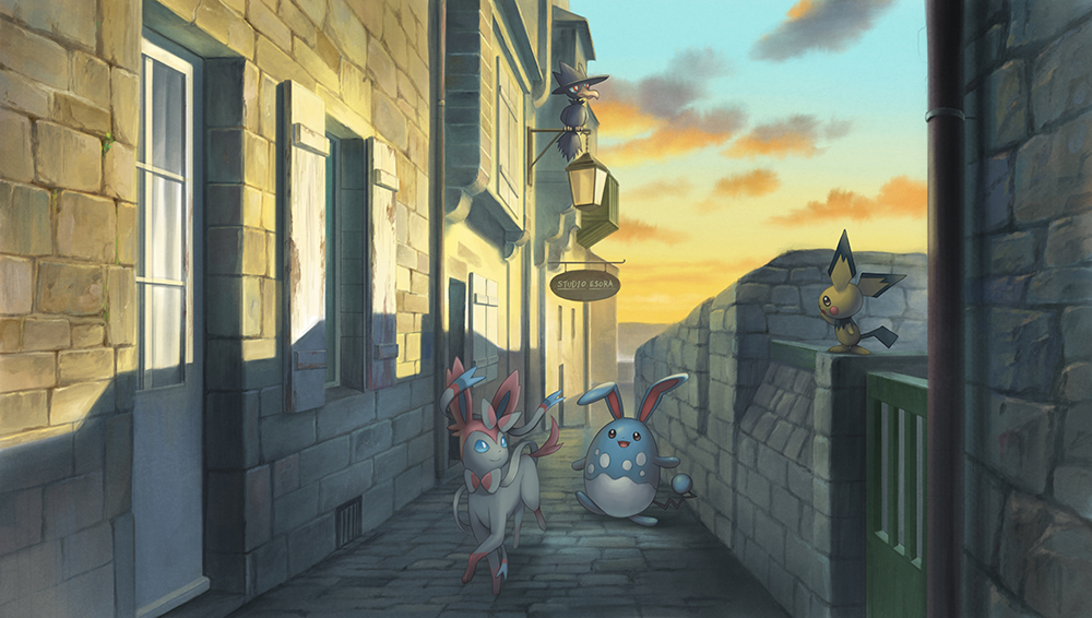 alley atelier_pocket azumarill building city clouds cloudy_sky commentary_request door gradient_sky lantern looking_at_another murkrow no_humans outdoors pichu pokemon pokemon_(creature) scenery sign sky smile sunset sylveon walking wall window